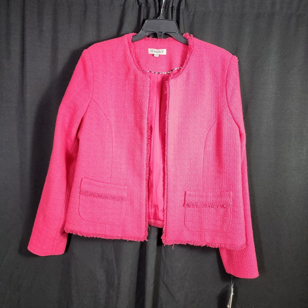 Nanette Lepore Monticello Rose Pink Tweed Frayed‎ Open Front Jacket Blazer New L